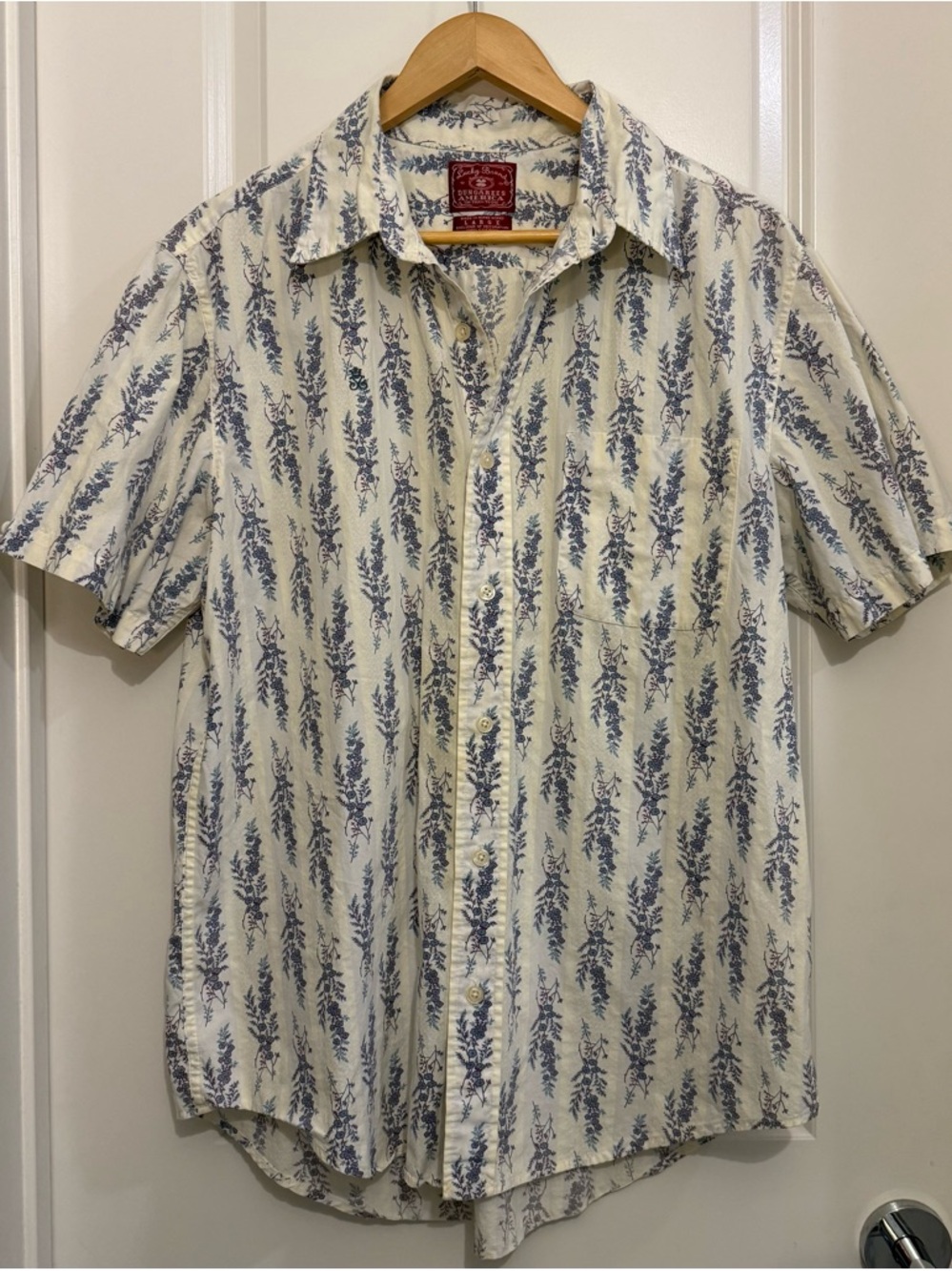 VTG Y2K Lucky Brand Button Up Blue botanicals subtle stripes embroidery Large
